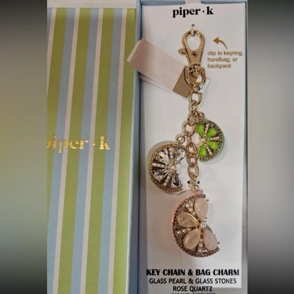 PIPER K Glass Pearls & Rose Quartz Citrus Slice Keychain Bag Purse Charm NEW NWT
